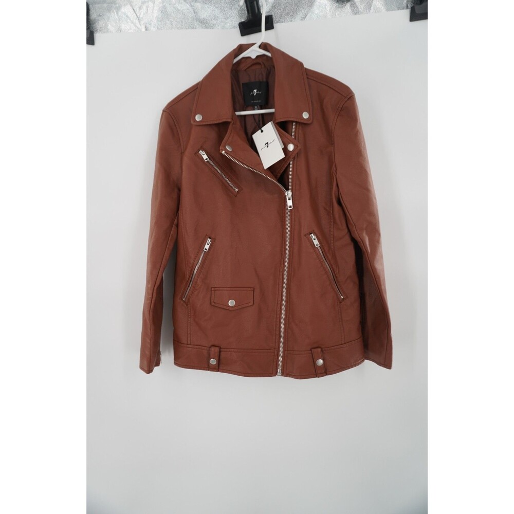 7 For All Mankind Cognac Brown Faux Leather Moto Biker Chic Jacket Size XS NWT